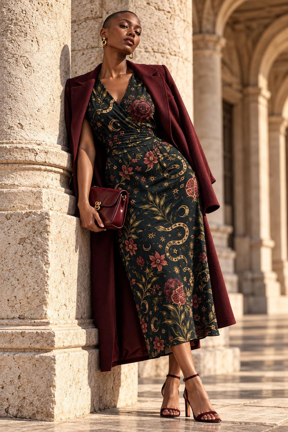 Snake Botanical Midi Dress, Black Vintage Floral Print, V Neck Flutter Sleeves - editorial photo 1