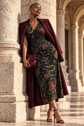 Snake Botanical Midi Dress, Black Vintage Floral Print, V Neck Flutter Sleeves - editorial photo 1
