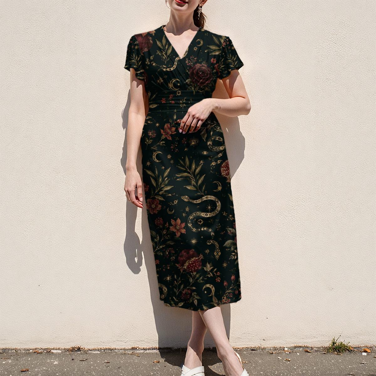 Snake Botanical Midi Dress, Black Vintage Floral Print, V Neck Flutter Sleeves - product gallery photo 11