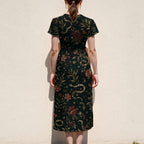 Snake Botanical Midi Dress, Black Vintage Floral Print, V Neck Flutter Sleeves - product gallery photo 12