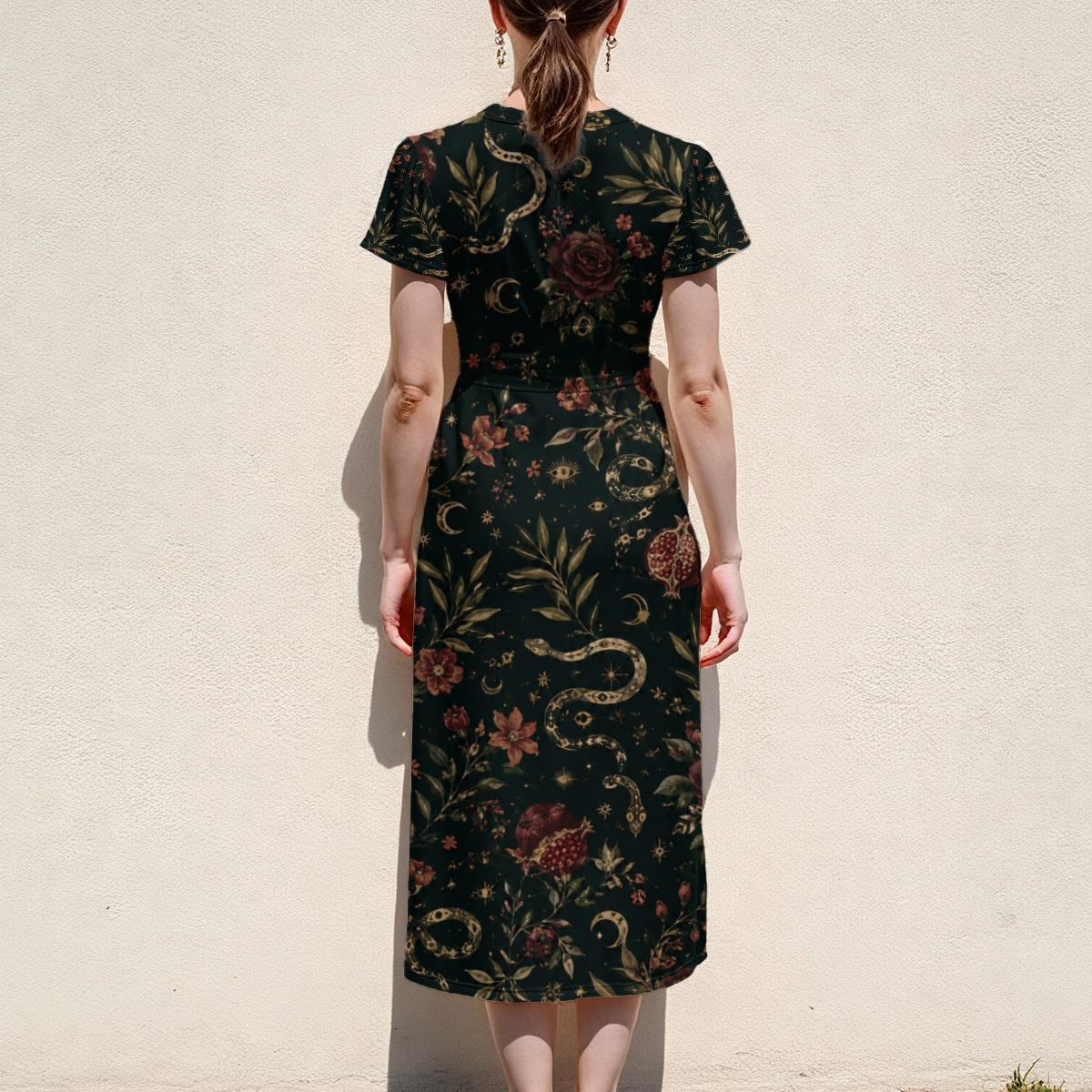 Snake Botanical Midi Dress, Black Vintage Floral Print, V Neck Flutter Sleeves - product gallery photo 12