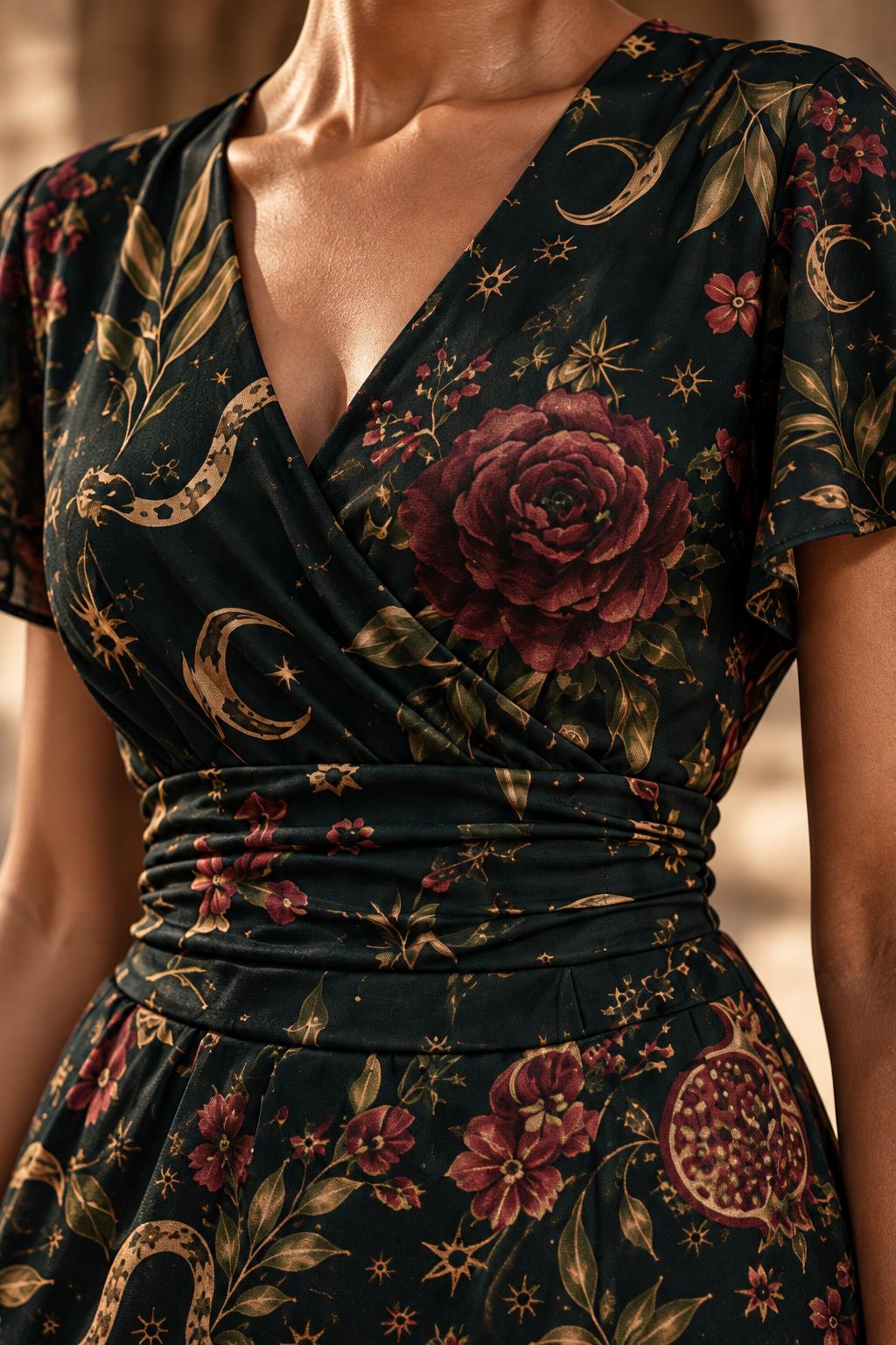Snake Botanical Midi Dress, Black Vintage Floral Print, V Neck Flutter Sleeves - editorial photo 4