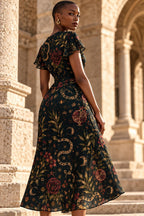 Snake Botanical Midi Dress, Black Vintage Floral Print, V Neck Flutter Sleeves - editorial photo 7