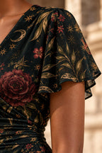 Snake Botanical Midi Dress, Black Vintage Floral Print, V Neck Flutter Sleeves - product gallery photo 9
