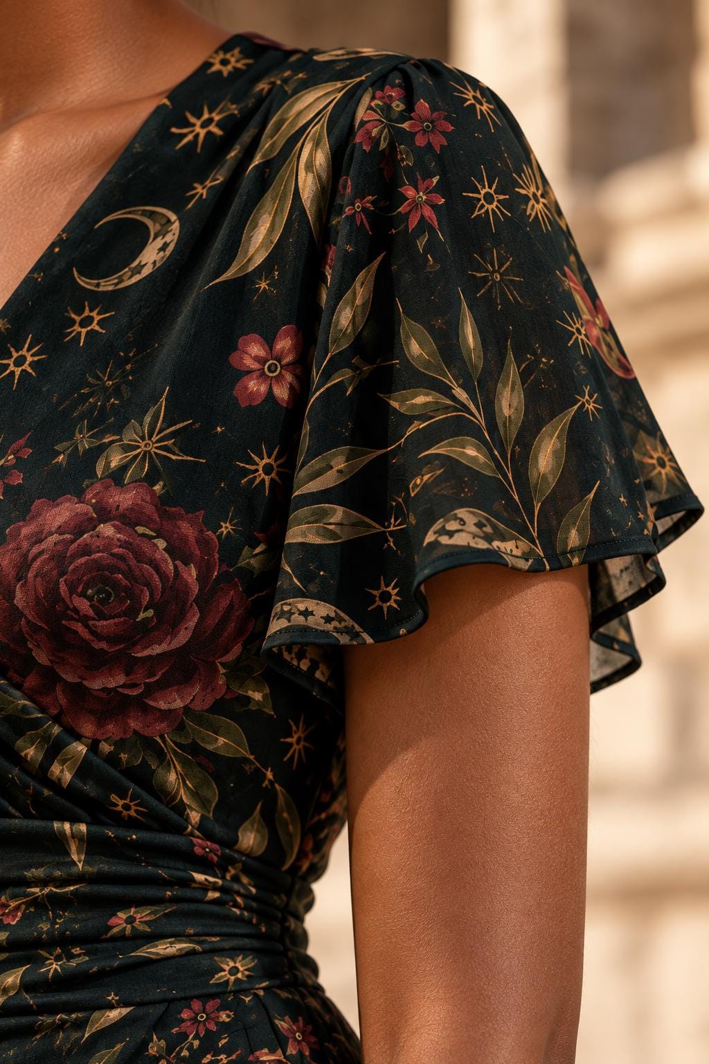 Snake Botanical Midi Dress, Black Vintage Floral Print, V Neck Flutter Sleeves - product gallery photo 9
