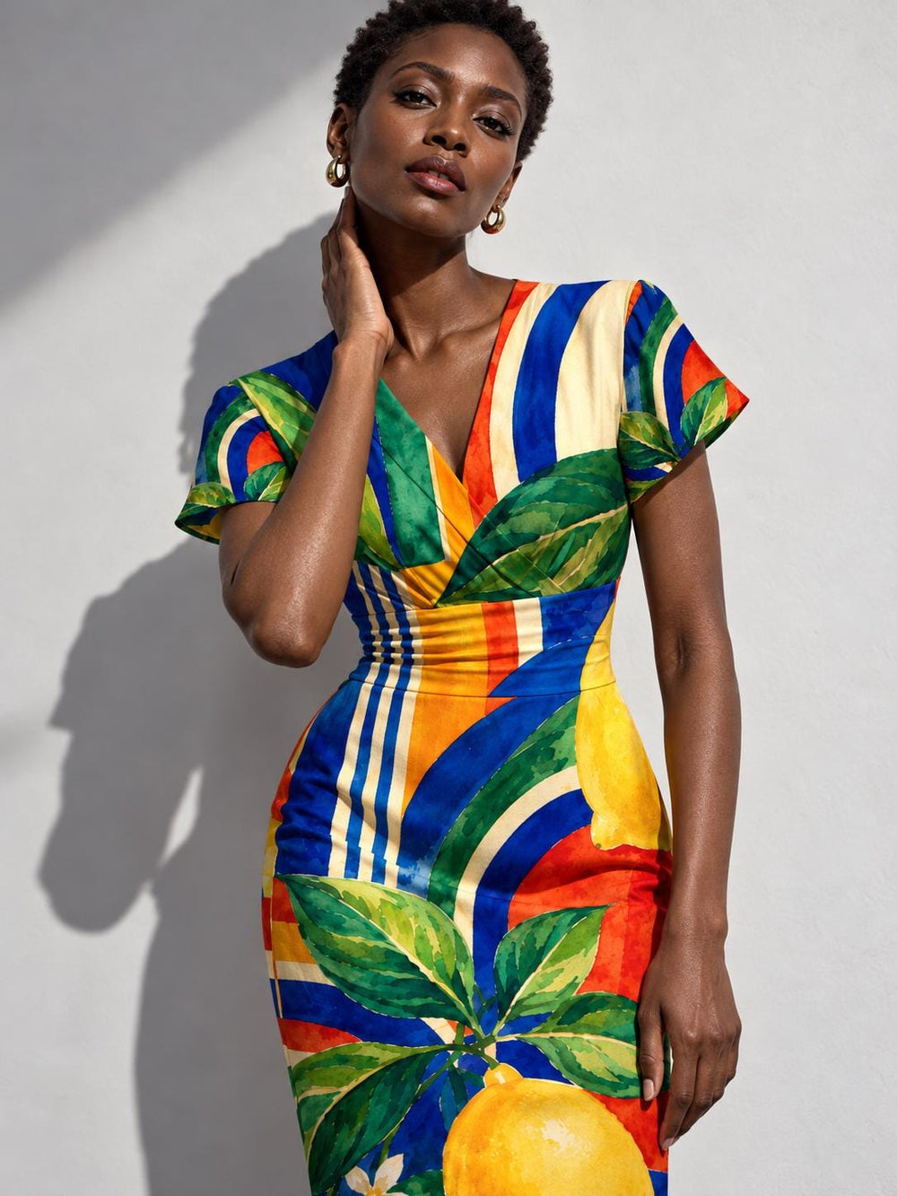 Lemon Print Midi Dress, Colorful Mediterranean Citrus, V Neck Flutter Sleeves - editorial photo 1