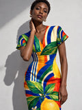 Lemon Print Midi Dress, Colorful Mediterranean Citrus, V Neck Flutter Sleeves - editorial photo 1