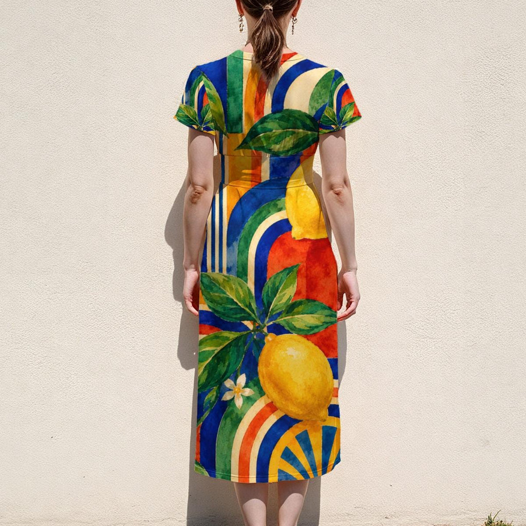 Lemon Print Midi Dress, Colorful Mediterranean Citrus, V Neck Flutter Sleeves - editorial photo 2