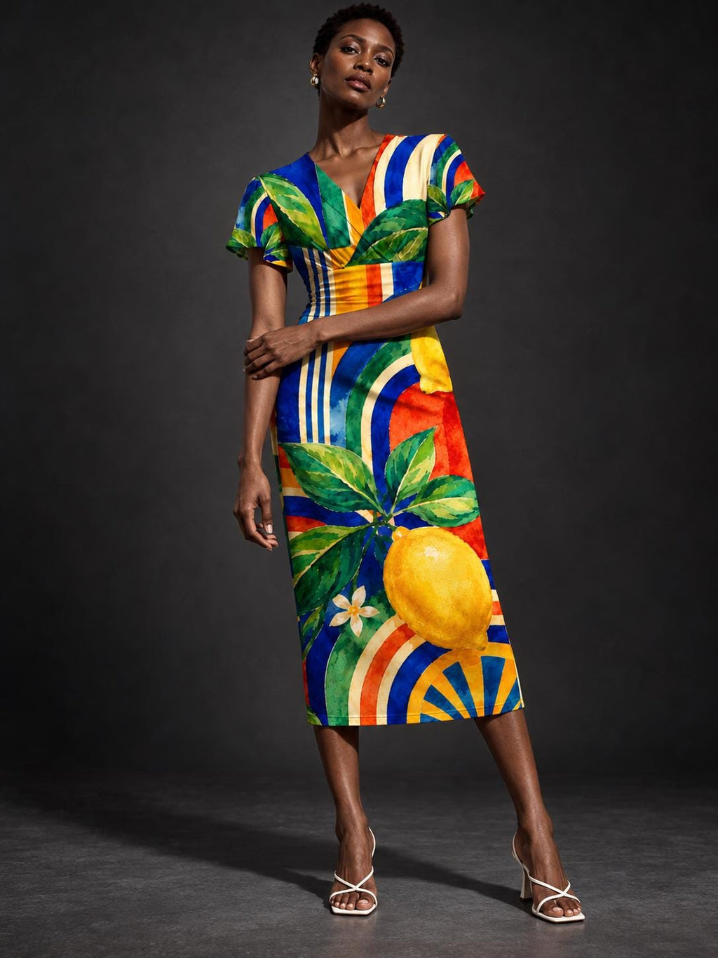 Lemon Print Midi Dress, Colorful Mediterranean Citrus, V Neck Flutter Sleeves - editorial photo 3
