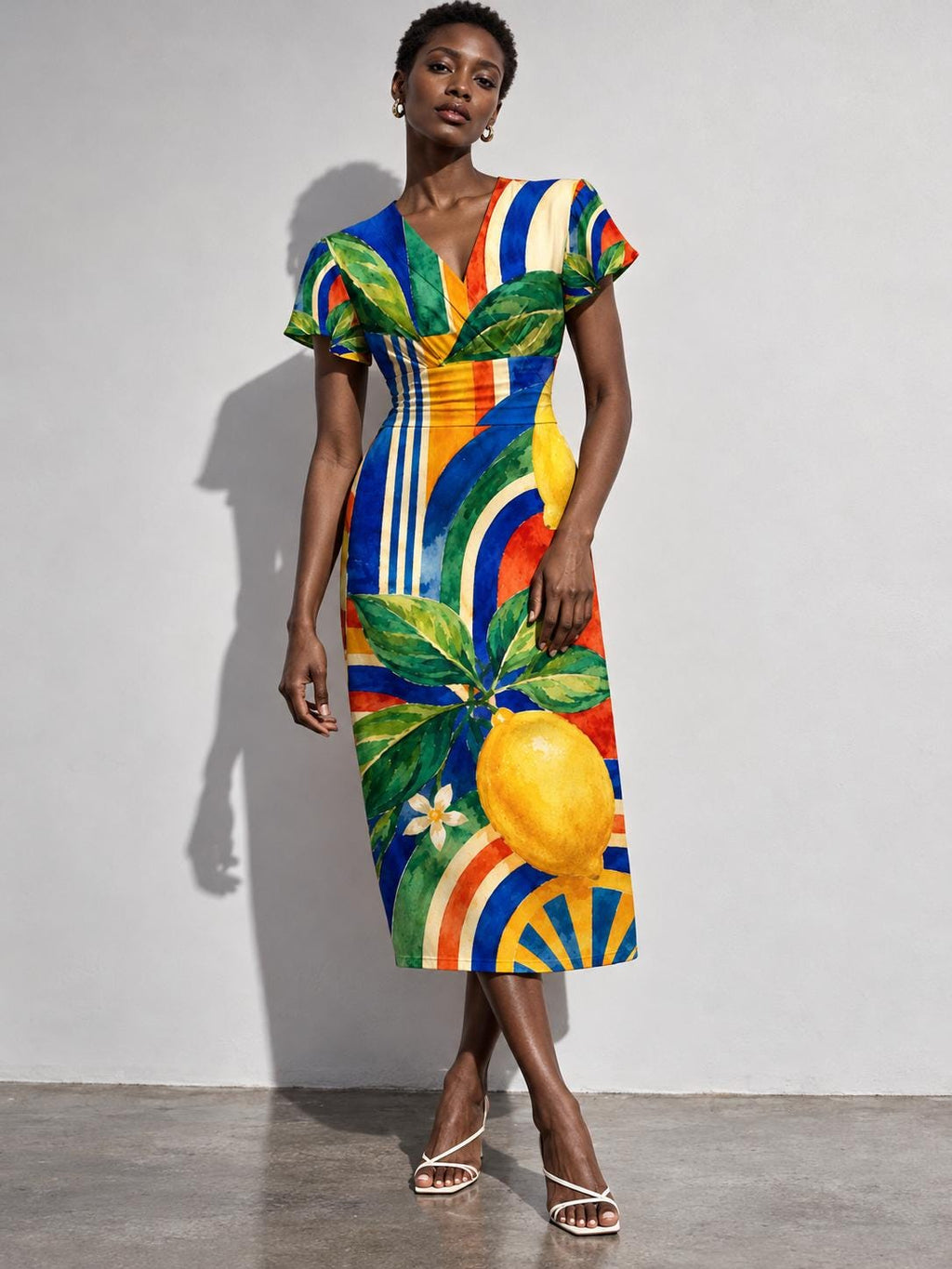 Lemon Print Midi Dress, Colorful Mediterranean Citrus, V Neck Flutter Sleeves - editorial photo 4