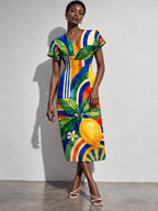 Lemon Print Midi Dress, Colorful Mediterranean Citrus, V Neck Flutter Sleeves - editorial photo 4
