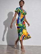 Lemon Print Midi Dress, Colorful Mediterranean Citrus, V Neck Flutter Sleeves - editorial photo 5