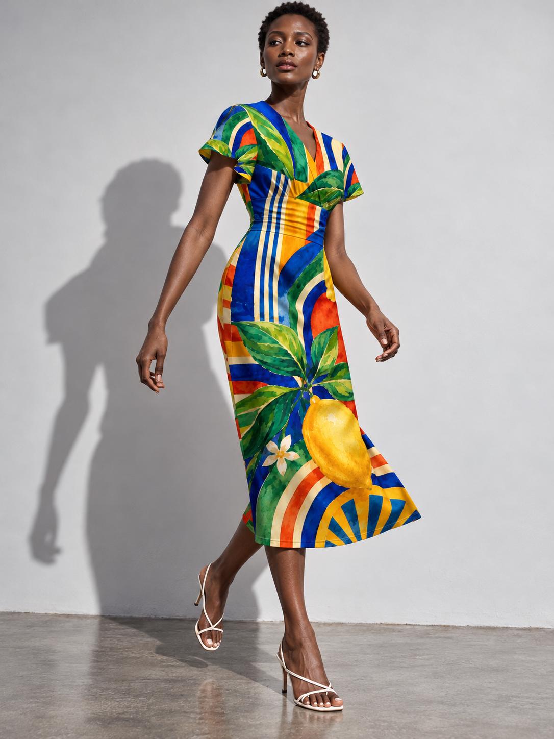 Lemon Print Midi Dress, Colorful Mediterranean Citrus, V Neck Flutter Sleeves - editorial photo 5