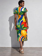 Lemon Print Midi Dress, Colorful Mediterranean Citrus, V Neck Flutter Sleeves - editorial photo 6