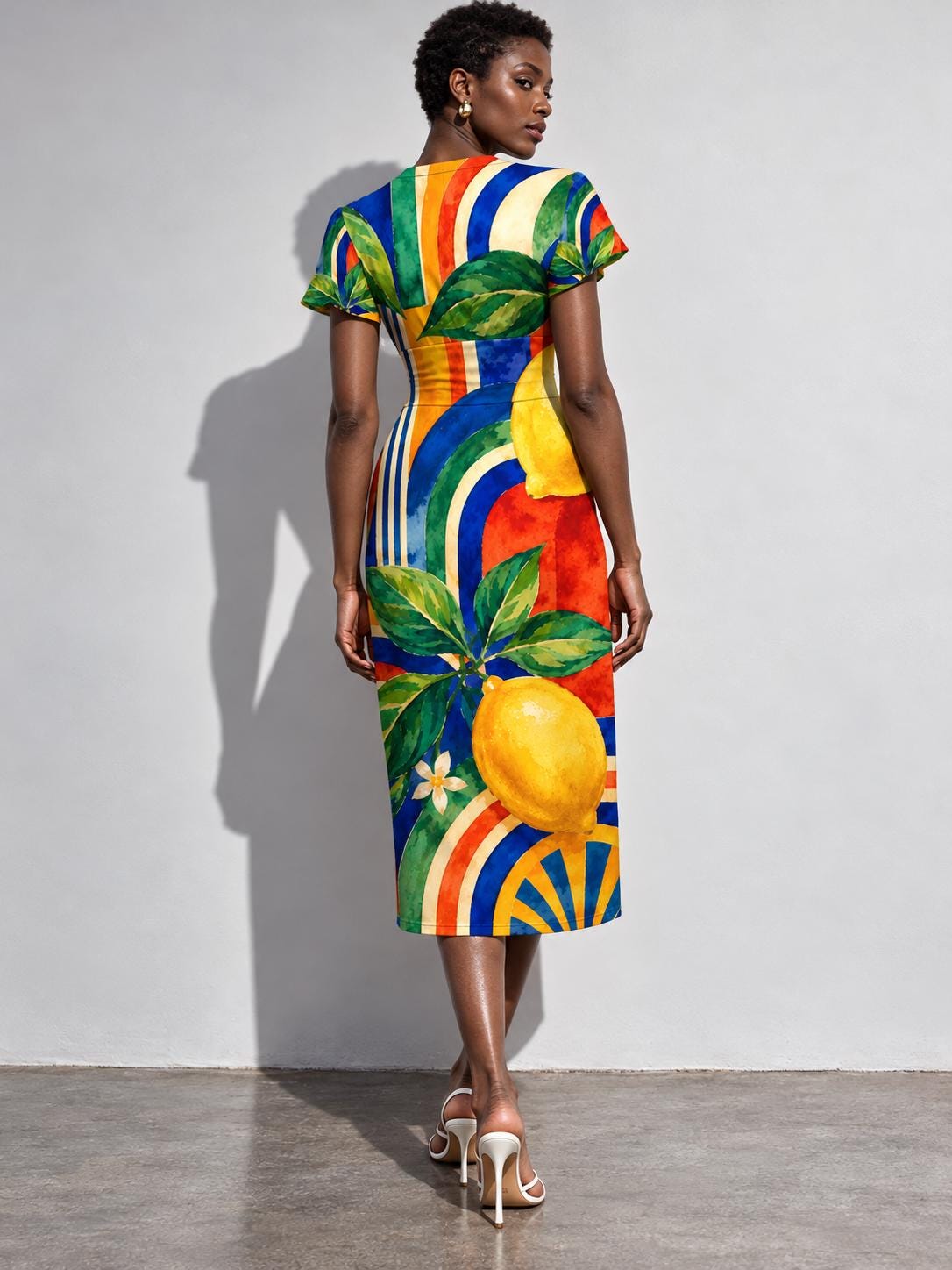 Lemon Print Midi Dress, Colorful Mediterranean Citrus, V Neck Flutter Sleeves - editorial photo 6