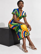 Lemon Print Midi Dress, Colorful Mediterranean Citrus, V Neck Flutter Sleeves - editorial photo 7