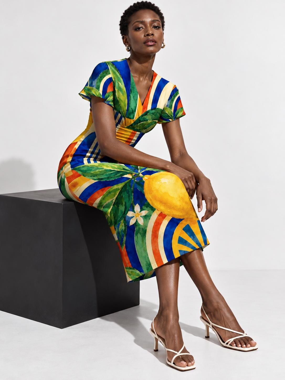 Lemon Print Midi Dress, Colorful Mediterranean Citrus, V Neck Flutter Sleeves - editorial photo 7