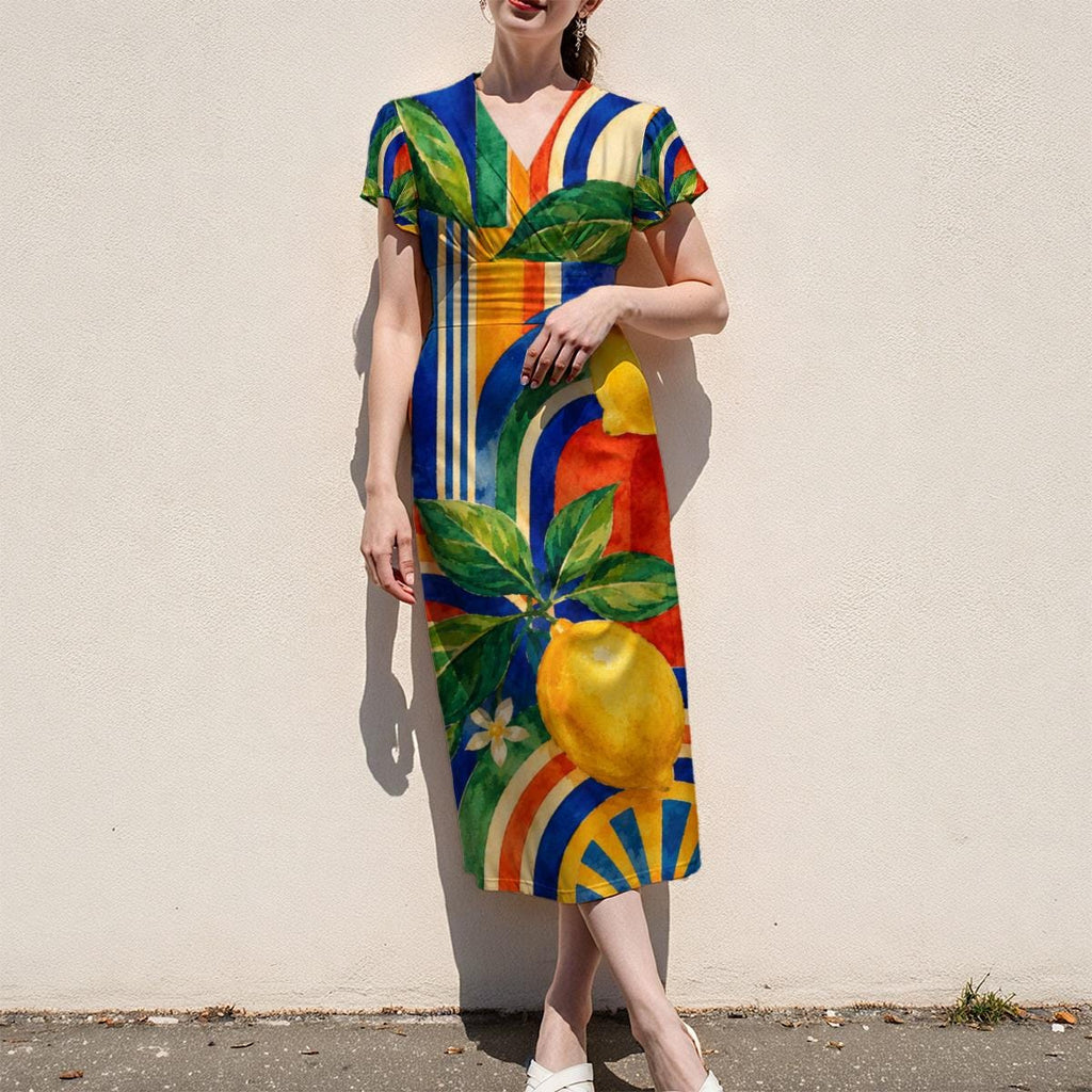Lemon Print Midi Dress, Colorful Mediterranean Citrus, V Neck Flutter Sleeves - product gallery photo 9