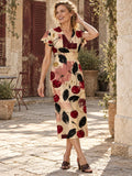 Cherry Print Midi Dress, Cream Fruit Pattern, V Neck Flutter Sleeves - editorial photo 1
