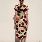 Cherry Print Midi Dress, Cream Fruit Pattern, V Neck Flutter Sleeves - editorial photo 2