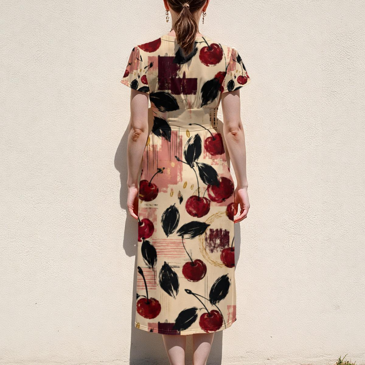 Cherry Print Midi Dress, Cream Fruit Pattern, V Neck Flutter Sleeves - editorial photo 2
