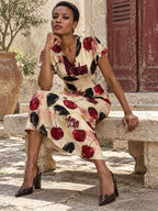 Cherry Print Midi Dress, Cream Fruit Pattern, V Neck Flutter Sleeves - editorial photo 3