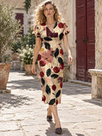 Cherry Print Midi Dress, Cream Fruit Pattern, V Neck Flutter Sleeves - editorial photo 4