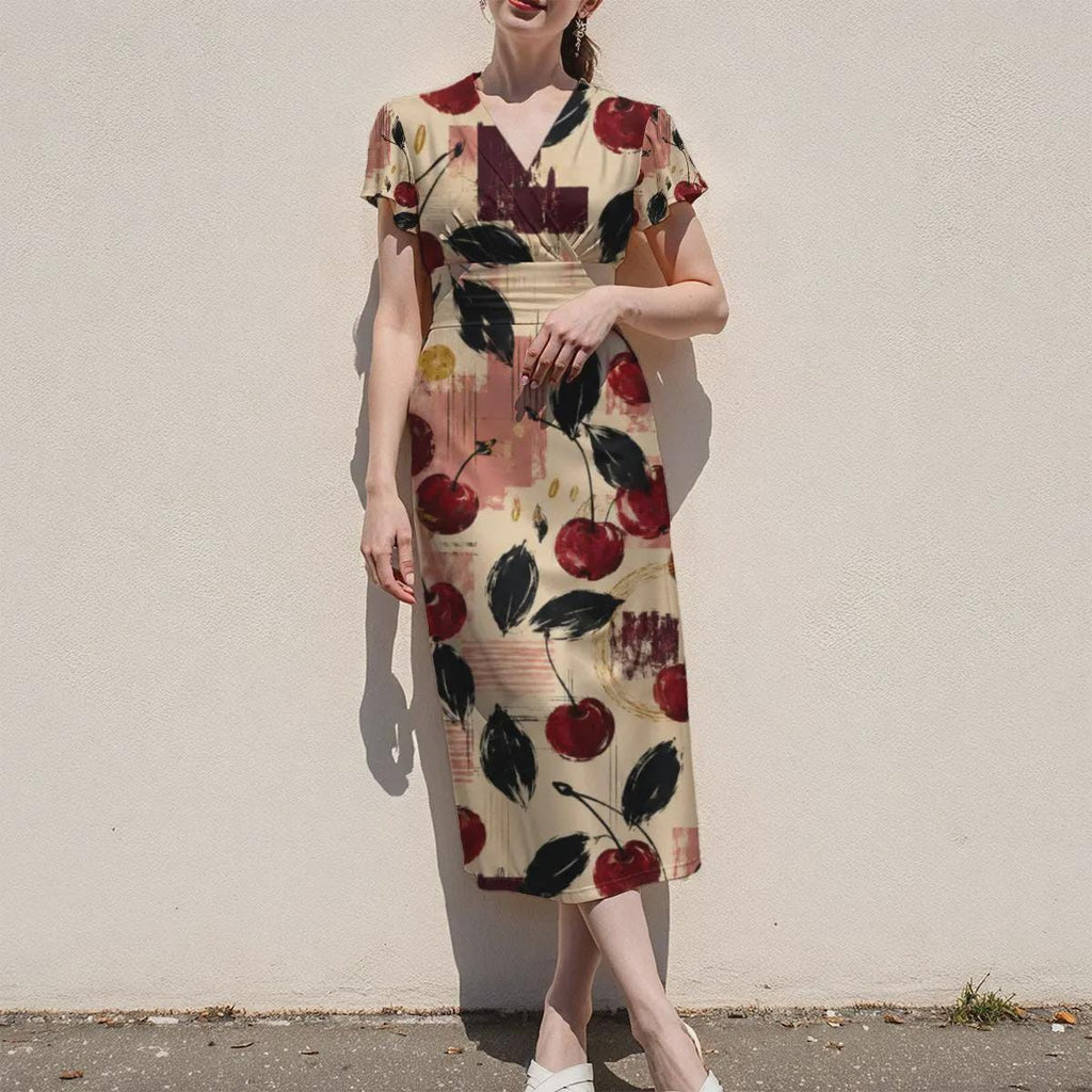 Cherry Print Midi Dress, Cream Fruit Pattern, V Neck Flutter Sleeves - editorial photo 5