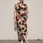 Cherry Print Midi Dress, Cream Fruit Pattern, V Neck Flutter Sleeves - editorial photo 5