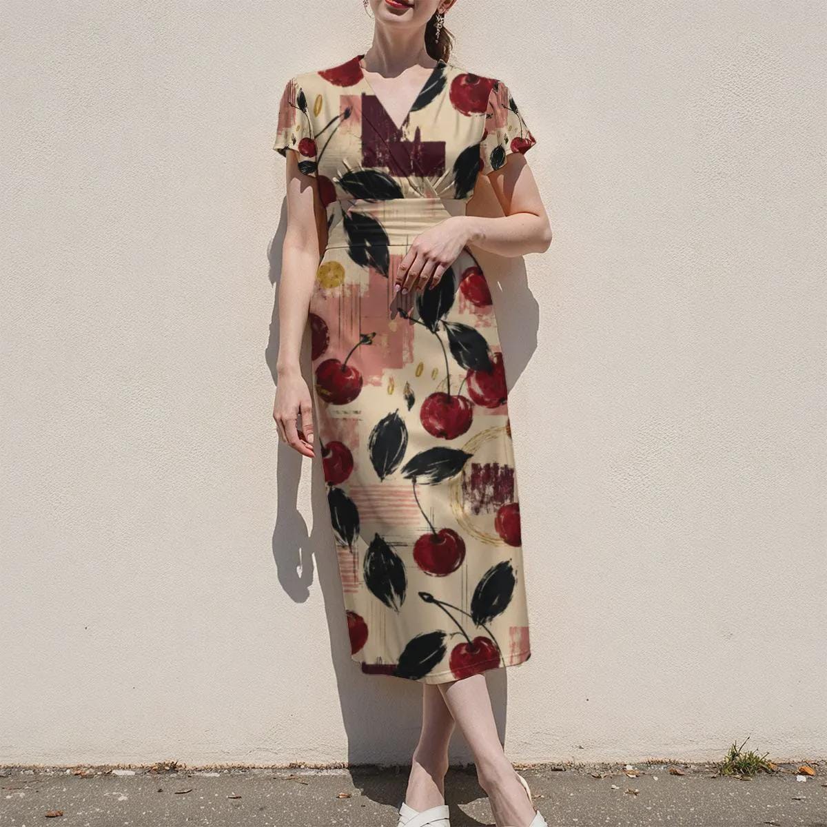 Cherry Print Midi Dress, Cream Fruit Pattern, V Neck Flutter Sleeves - editorial photo 5