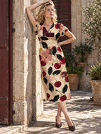 Cherry Print Midi Dress, Cream Fruit Pattern, V Neck Flutter Sleeves - editorial photo 6