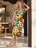 Retro Daisy Midi Dress, 70s Floral Print, V Neck Flutter Sleeves - editorial photo 1