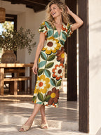 Retro Daisy Midi Dress, 70s Floral Print, V Neck Flutter Sleeves - editorial photo 1