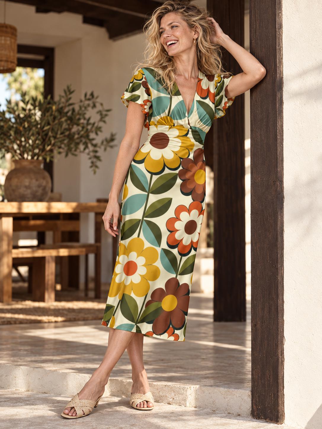 Retro Daisy Midi Dress, 70s Floral Print, V Neck Flutter Sleeves - editorial photo 1