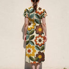 Retro Daisy Midi Dress, 70s Floral Print, V Neck Flutter Sleeves - editorial photo 2