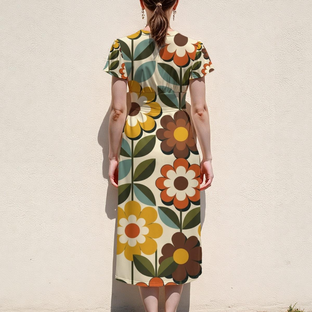 Retro Daisy Midi Dress, 70s Floral Print, V Neck Flutter Sleeves - editorial photo 2