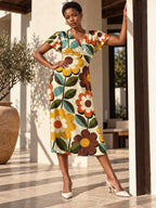 Retro Daisy Midi Dress, 70s Floral Print, V Neck Flutter Sleeves - editorial photo 3