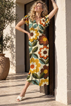 Retro Daisy Midi Dress, 70s Floral Print, V Neck Flutter Sleeves - editorial photo 4