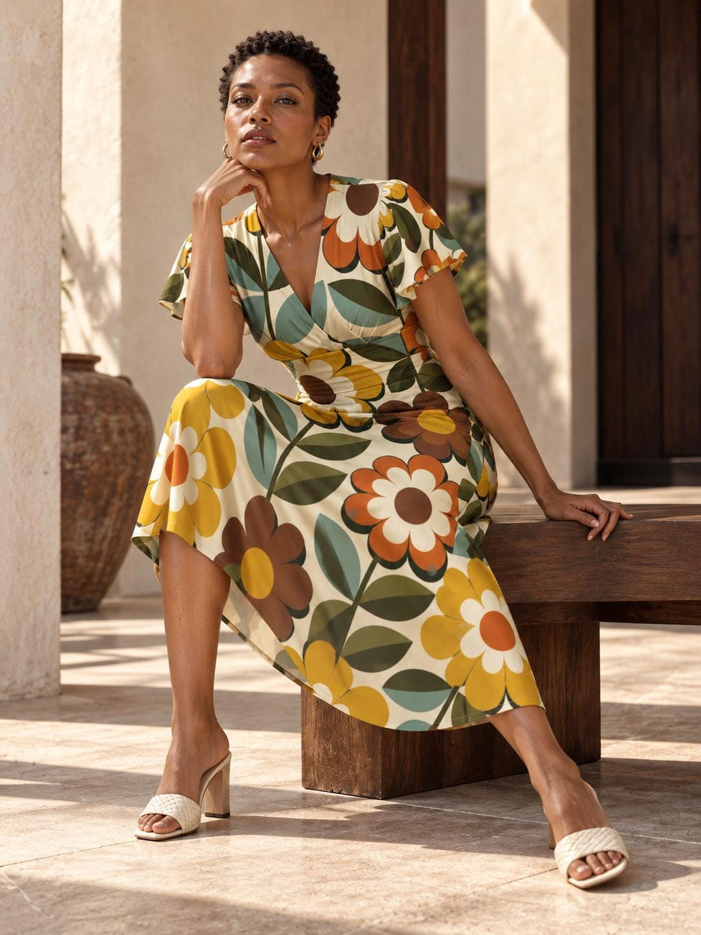Retro Daisy Midi Dress, 70s Floral Print, V Neck Flutter Sleeves - editorial photo 5