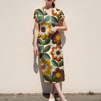 Retro Daisy Midi Dress, 70s Floral Print, V Neck Flutter Sleeves - editorial photo 7