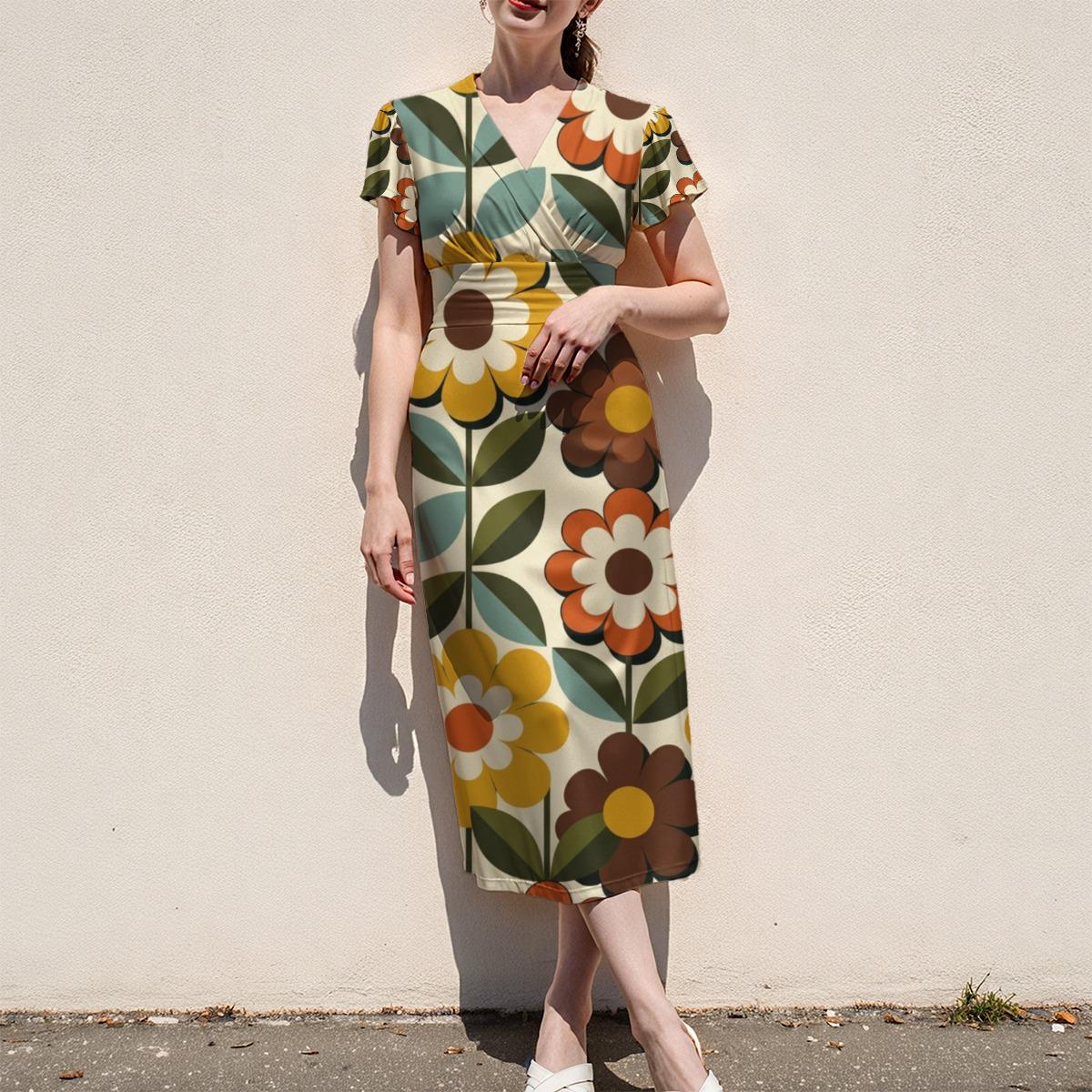 Retro Daisy Midi Dress, 70s Floral Print, V Neck Flutter Sleeves - editorial photo 7
