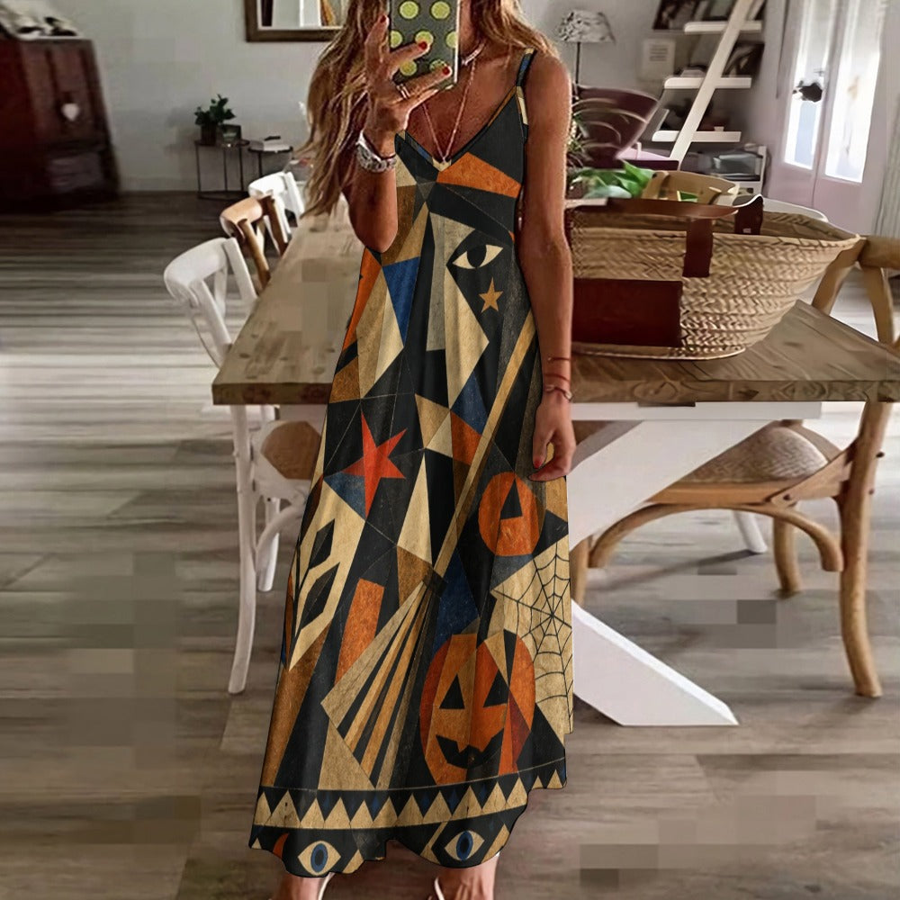 Abstract Halloween Slip Maxi Dress | Spaghetti Strap Statement Dress