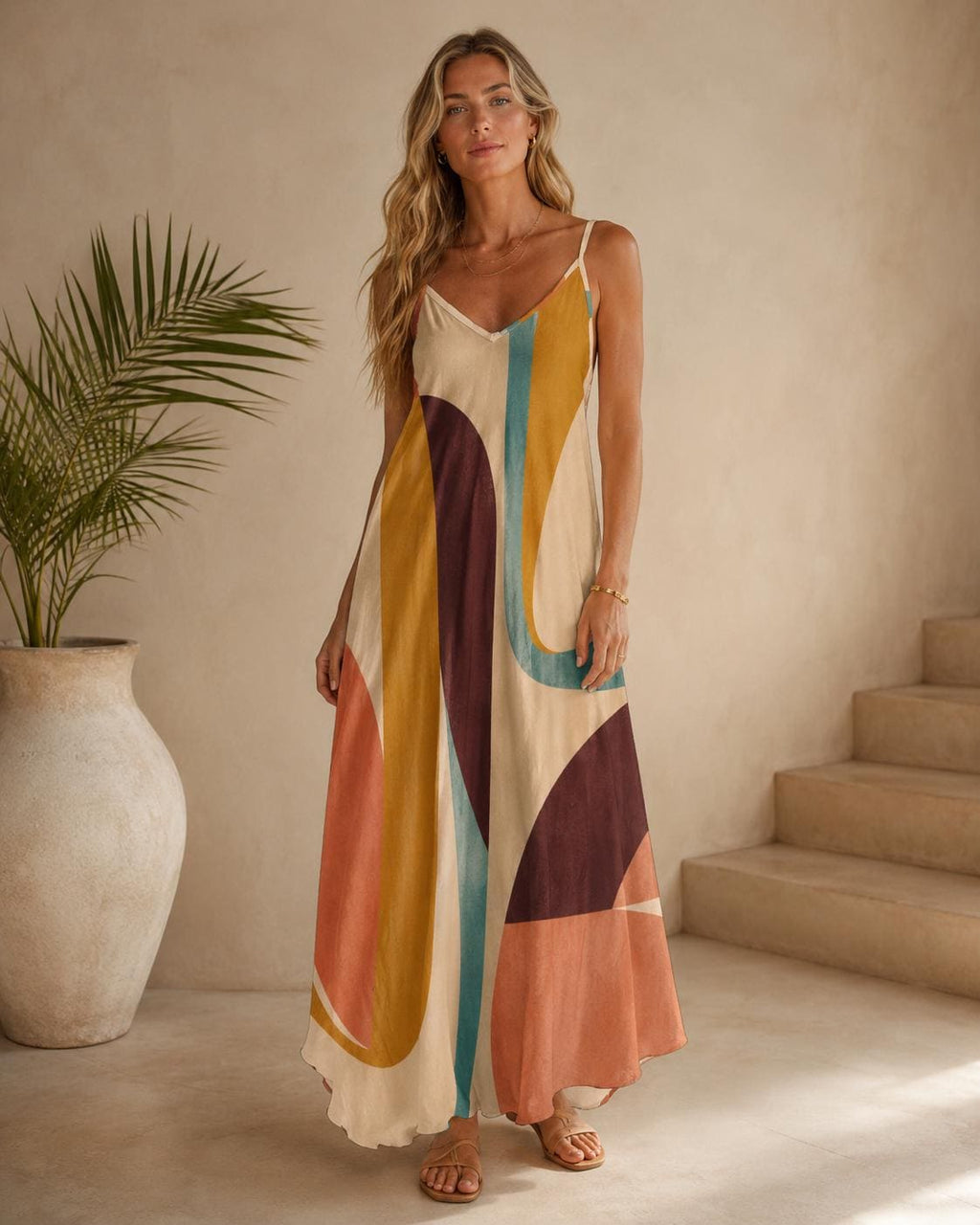 Retro Abstract Maxi Dress | 70s Geometric Resort Vacation Dress