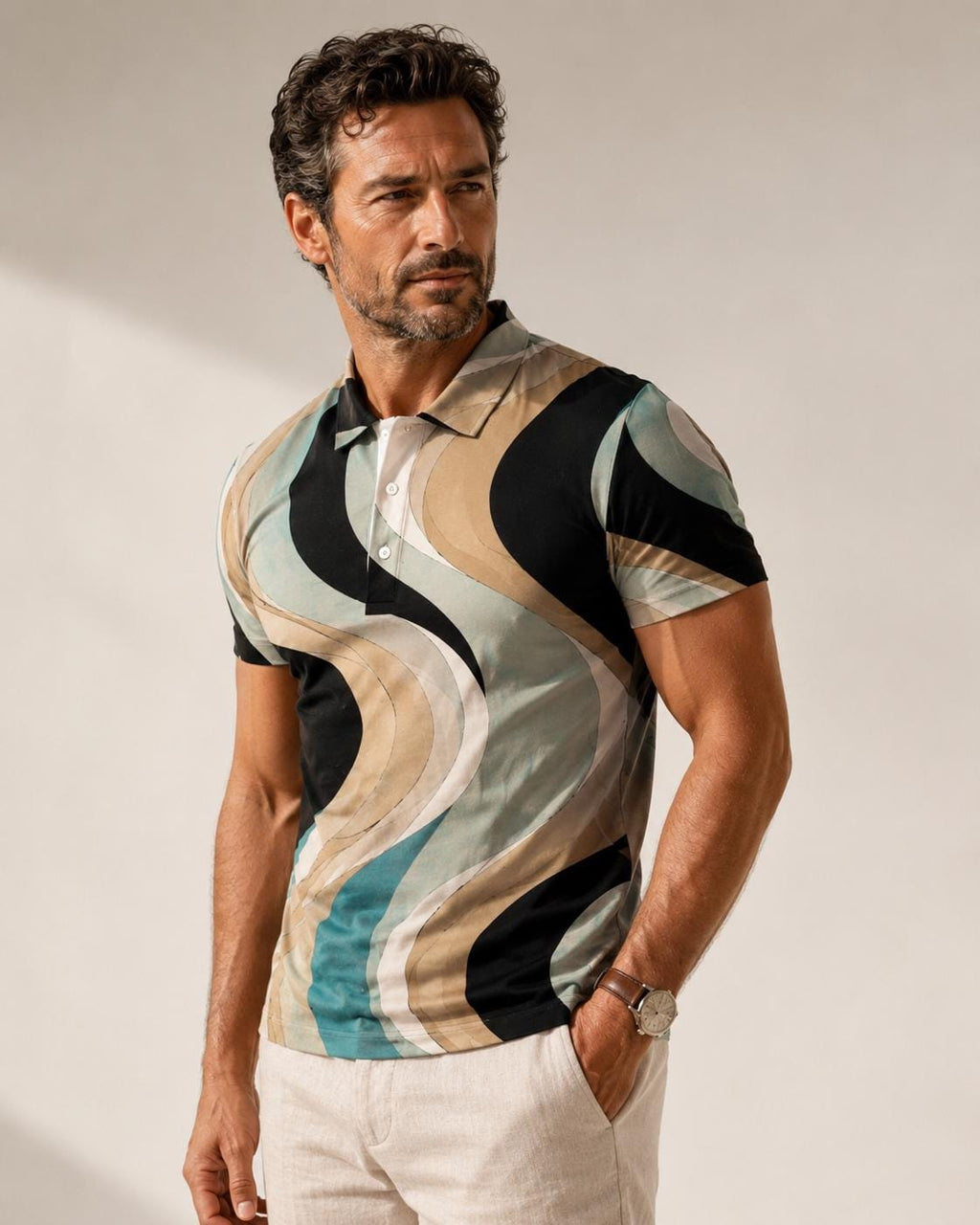 Men’s Retro Geometric Polo Shirt | Mediterranean Resort Golf Top