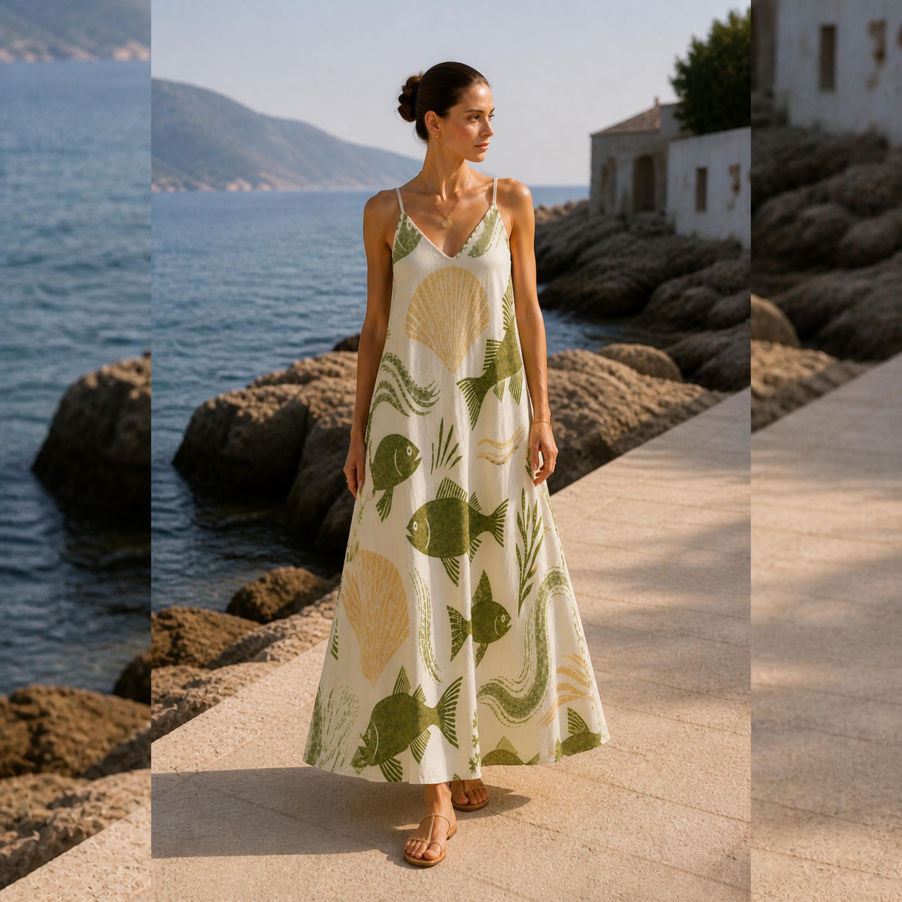 Coastal Fish Print Maxi Dress | Elegant Mediterranean Resort Dress