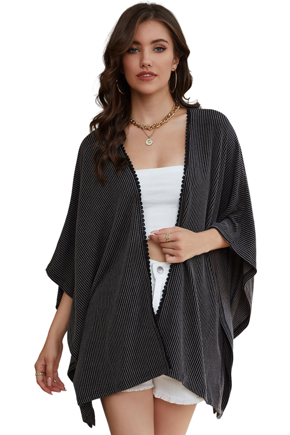 Women's lace-trim ribbed kimono cardigan in black or apricot