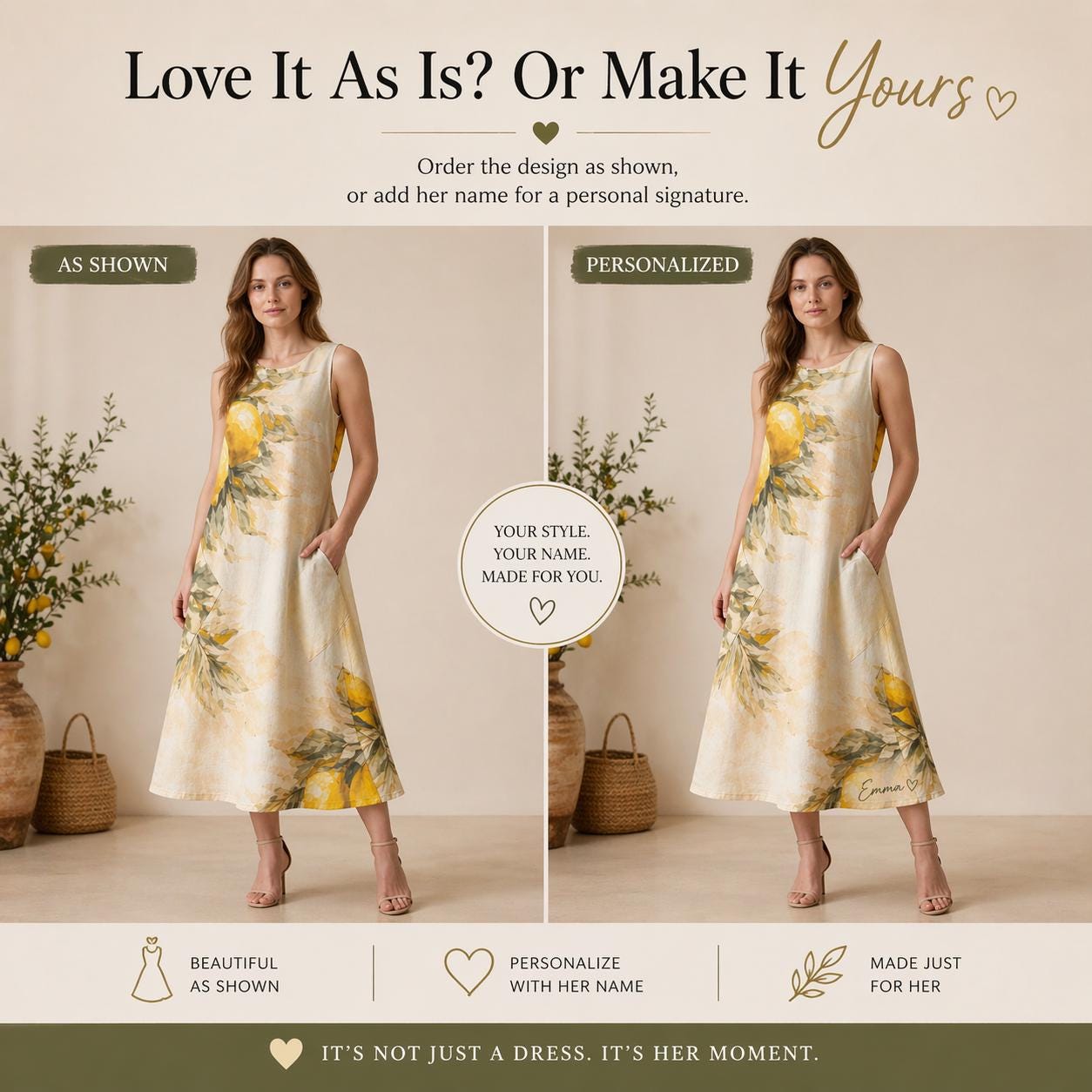 Personalized Lemon Midi Dress | Custom Name Mediterranean Summer Dress