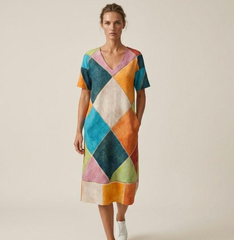 Colorful Geometric A-Line Dress | Boho Patchwork Vacation Dress