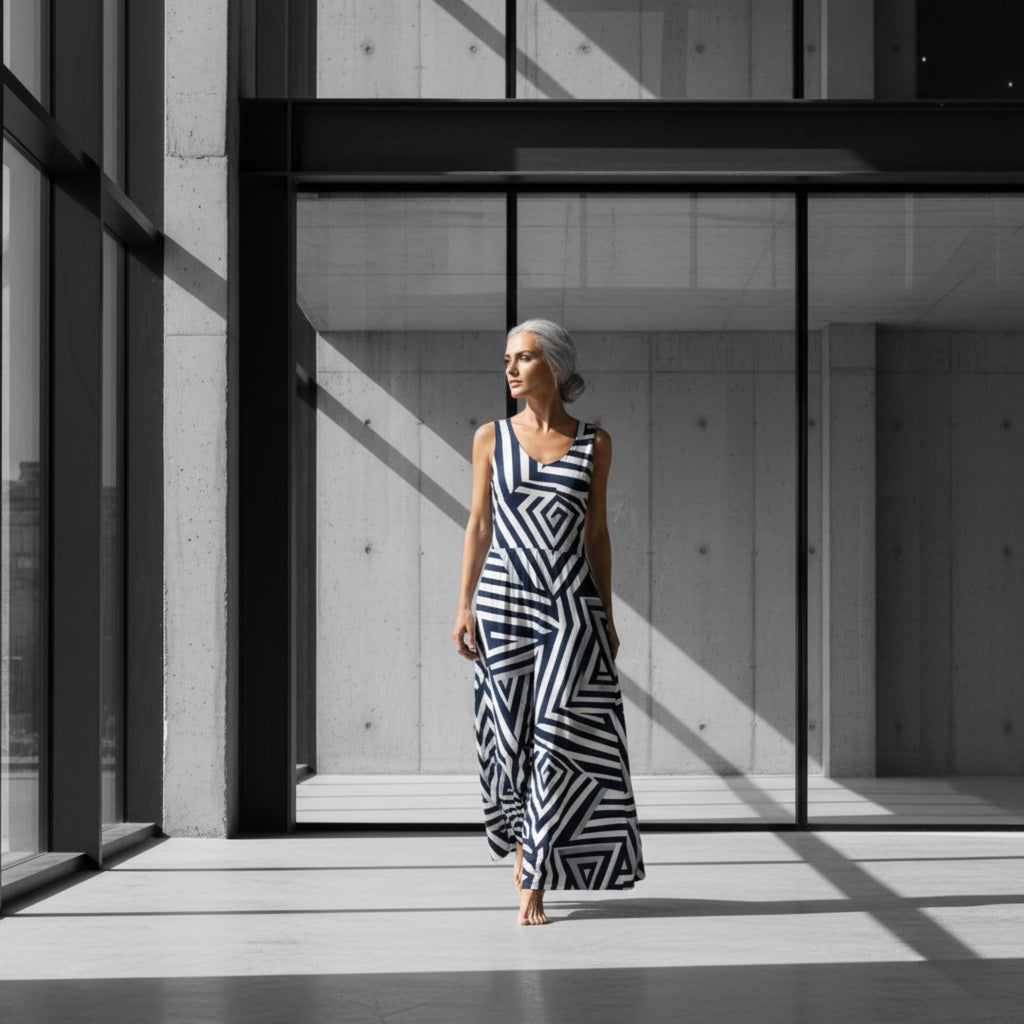 Architectural Monochrome Maxi Dress | Navy Geometric Resort Dress