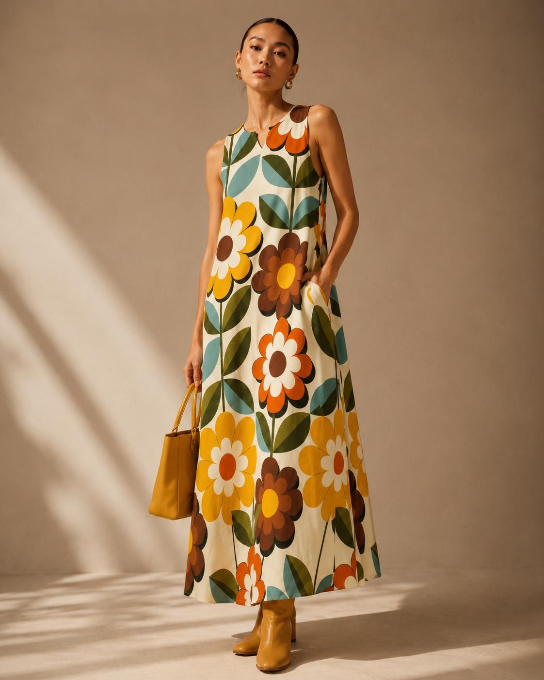 Retro Floral Maxi Dress with Pockets | Vintage Wedding Guest Dress